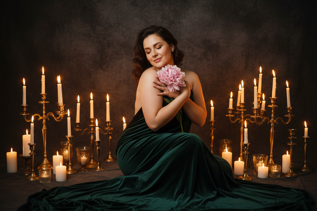 Woman with flower in golden candlelight representing the benefits of a positive body image