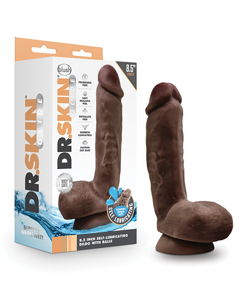 Glide 8.5" Self Lubricating Dildo with Balls - Chocolate