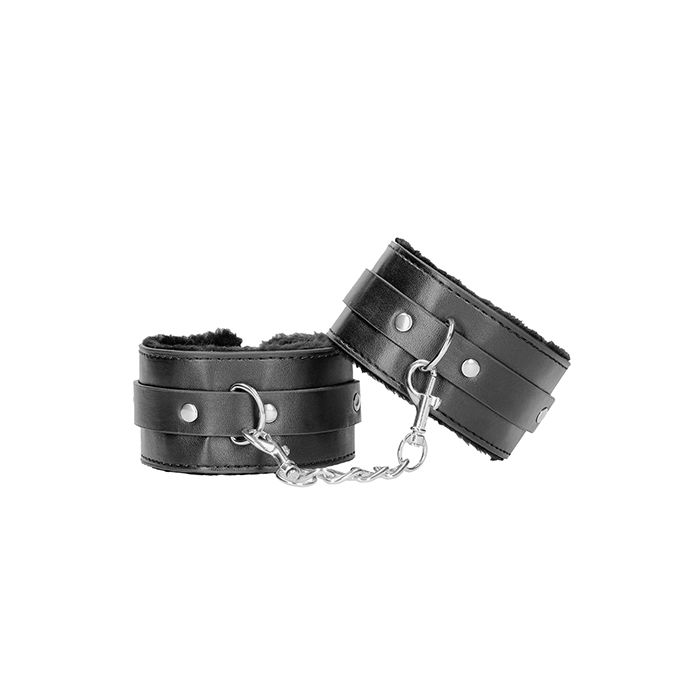 Black & White Plush Leather Ankle Cuffs - Black