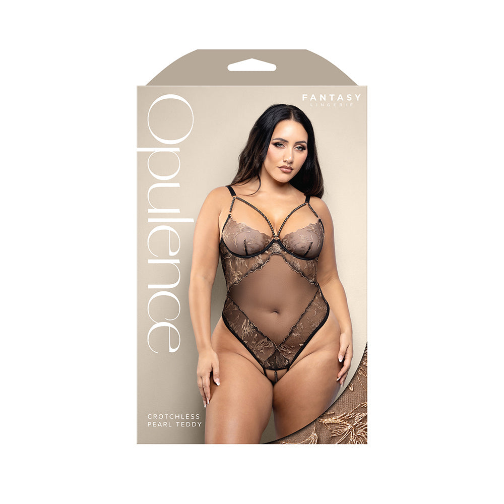 Opulence Crotchless Pearl Cage Neckline Teddy with Adjustable Pearl G-String (Black, Queen)