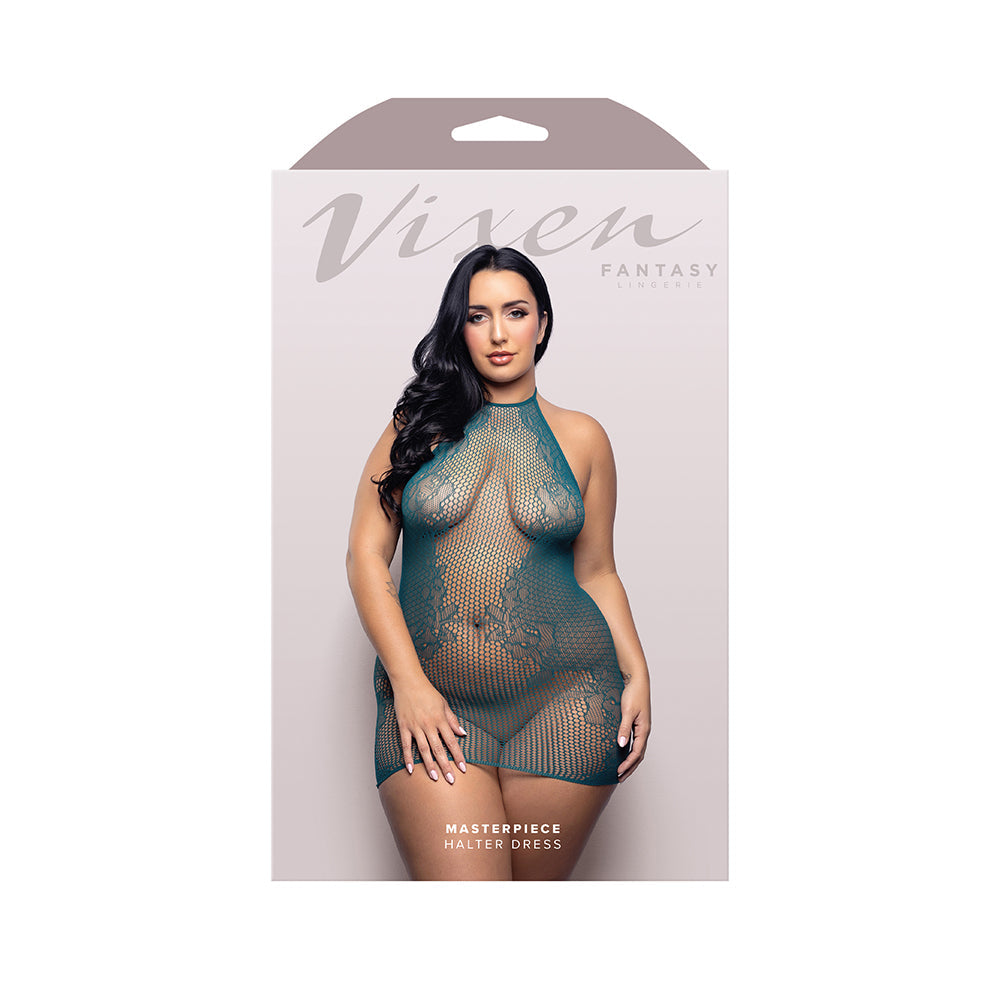 Vixen Halter Tie Dress Lace Fishnet (Dark Teal, Queen)