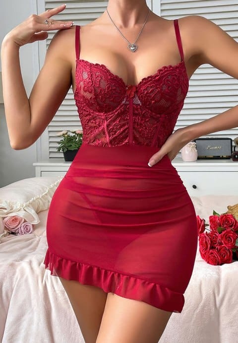 Valentine's Alluring Red Lace & Mesh Chemise