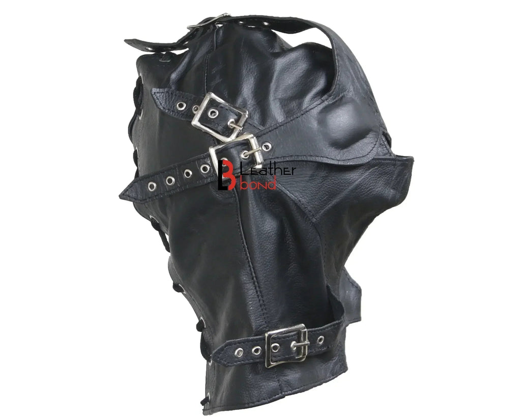 Cowhide Leather Mask Hood Removable Blindfold & Mouth Cover | Sensory Deprivation Hood & Costume Gear