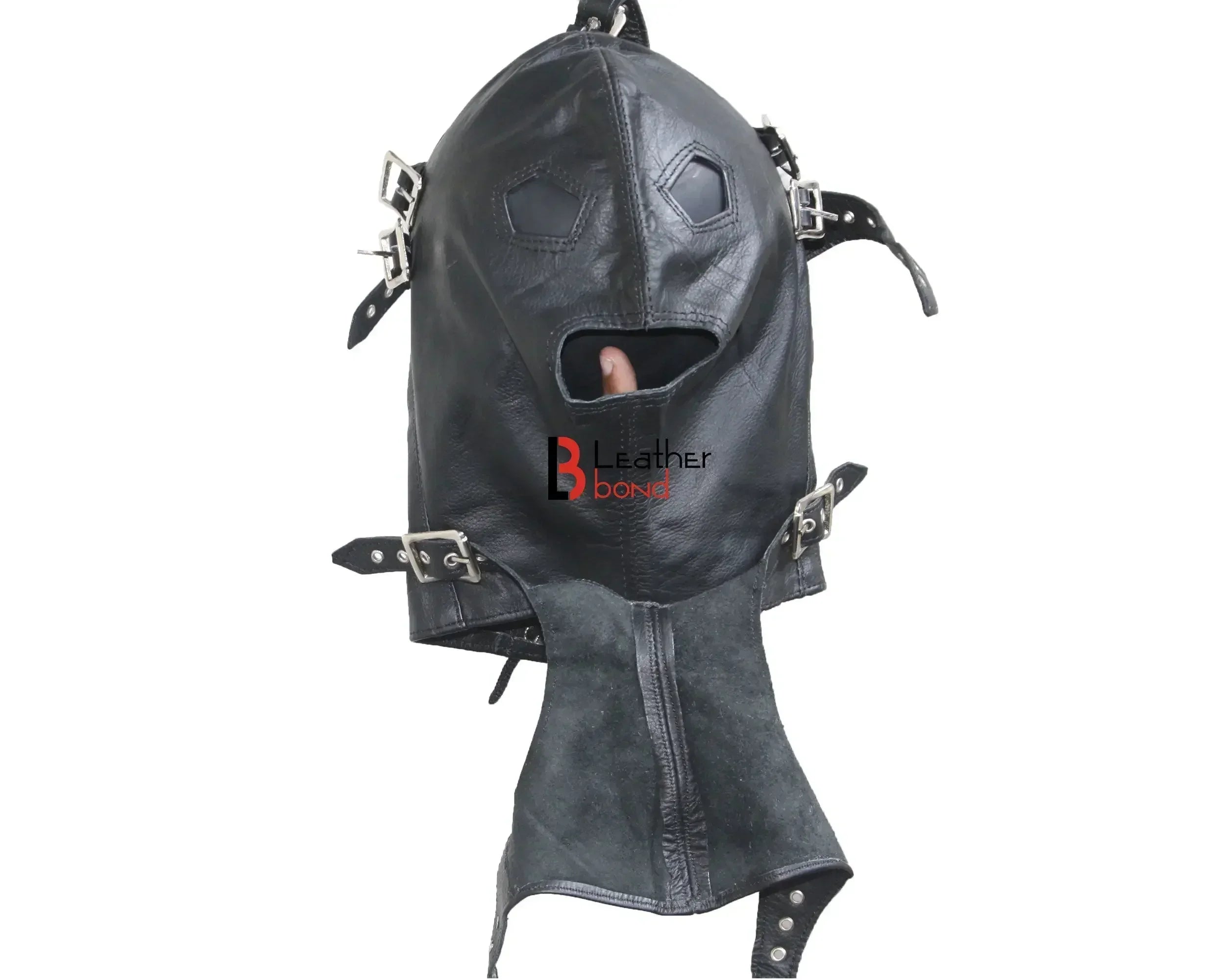 Cowhide Leather Mask Hood Removable Blindfold & Mouth Cover | Sensory Deprivation Hood & Costume Gear