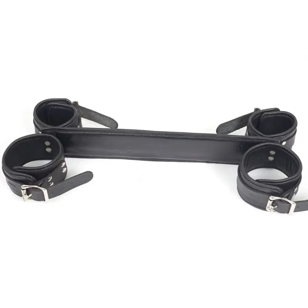 Real Cowhide Leather Padded Wrist & Ankle Cuffs Adjustable Spreader Bar BDSM Restraint Set
