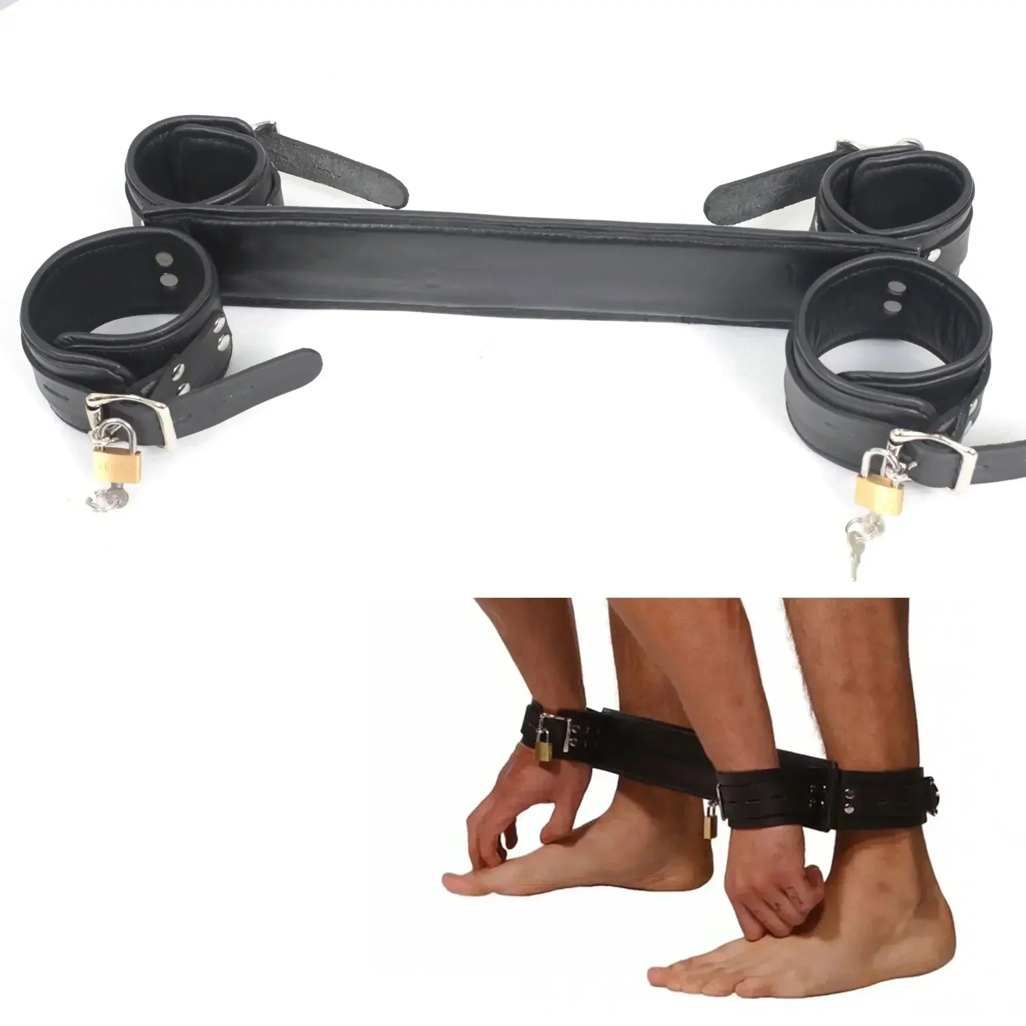 Real Cowhide Leather Padded Wrist & Ankle Cuffs Adjustable Spreader Bar BDSM Restraint Set