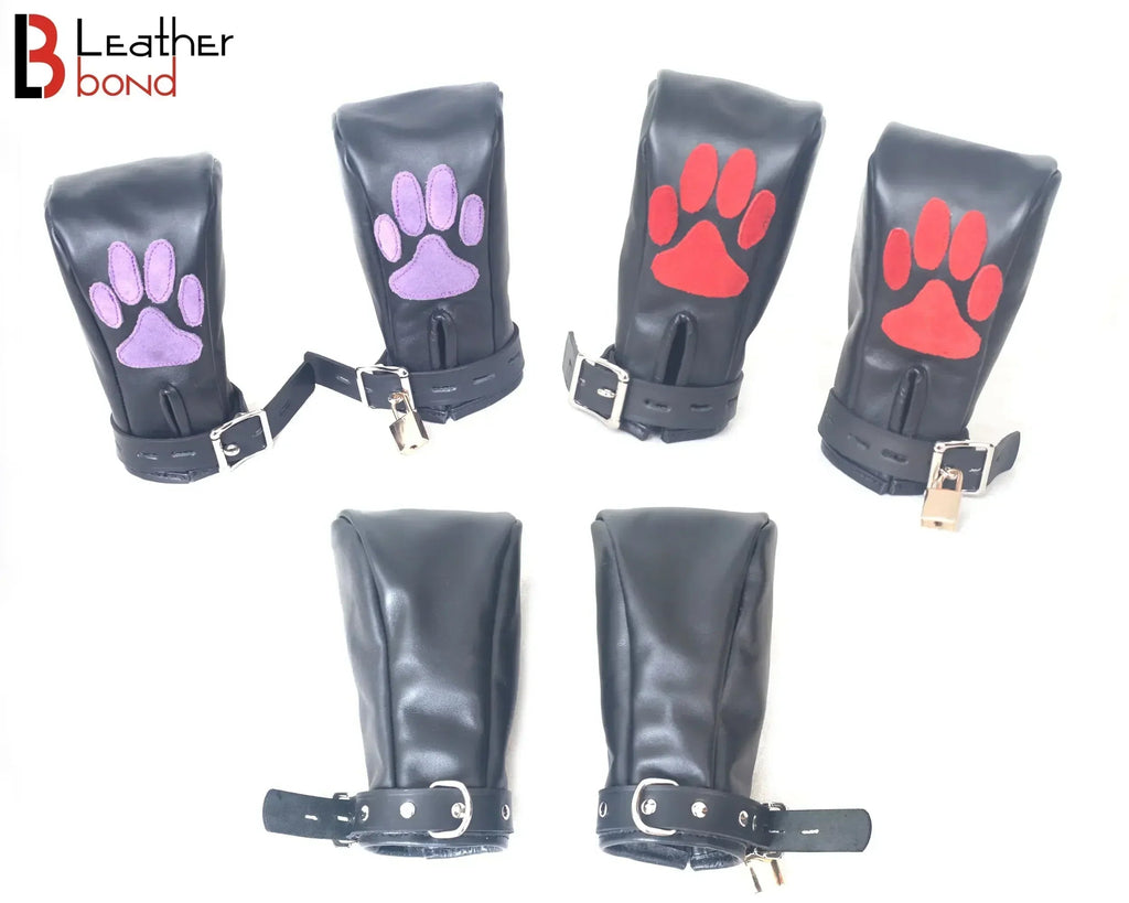 Real Cowhide Leather Fist Mitts Lockable Restraint Bondage Paw Gloves | Black, Red & Purple