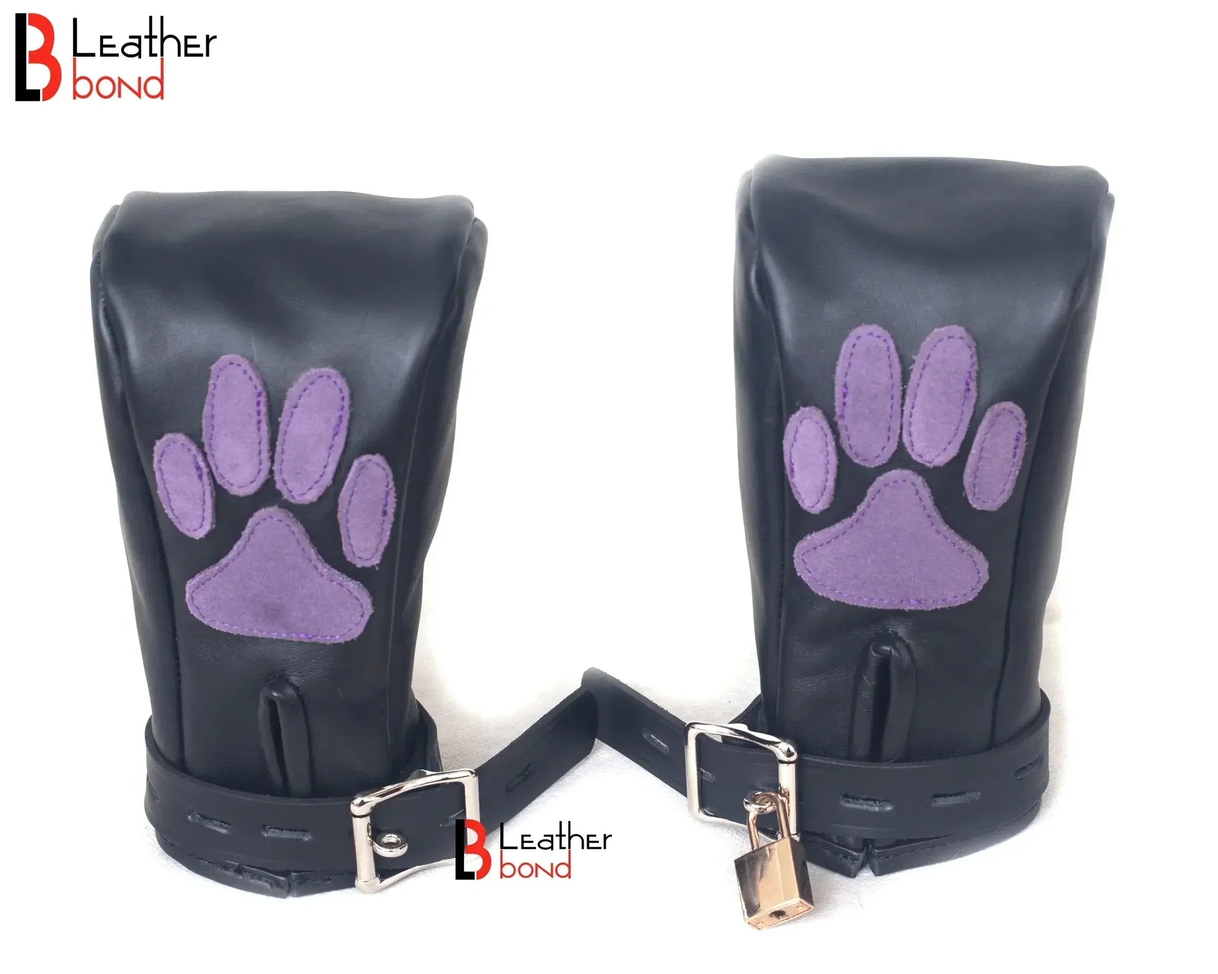 Real Cowhide Leather Fist Mitts Lockable Restraint Bondage Paw Gloves | Black, Red & Purple