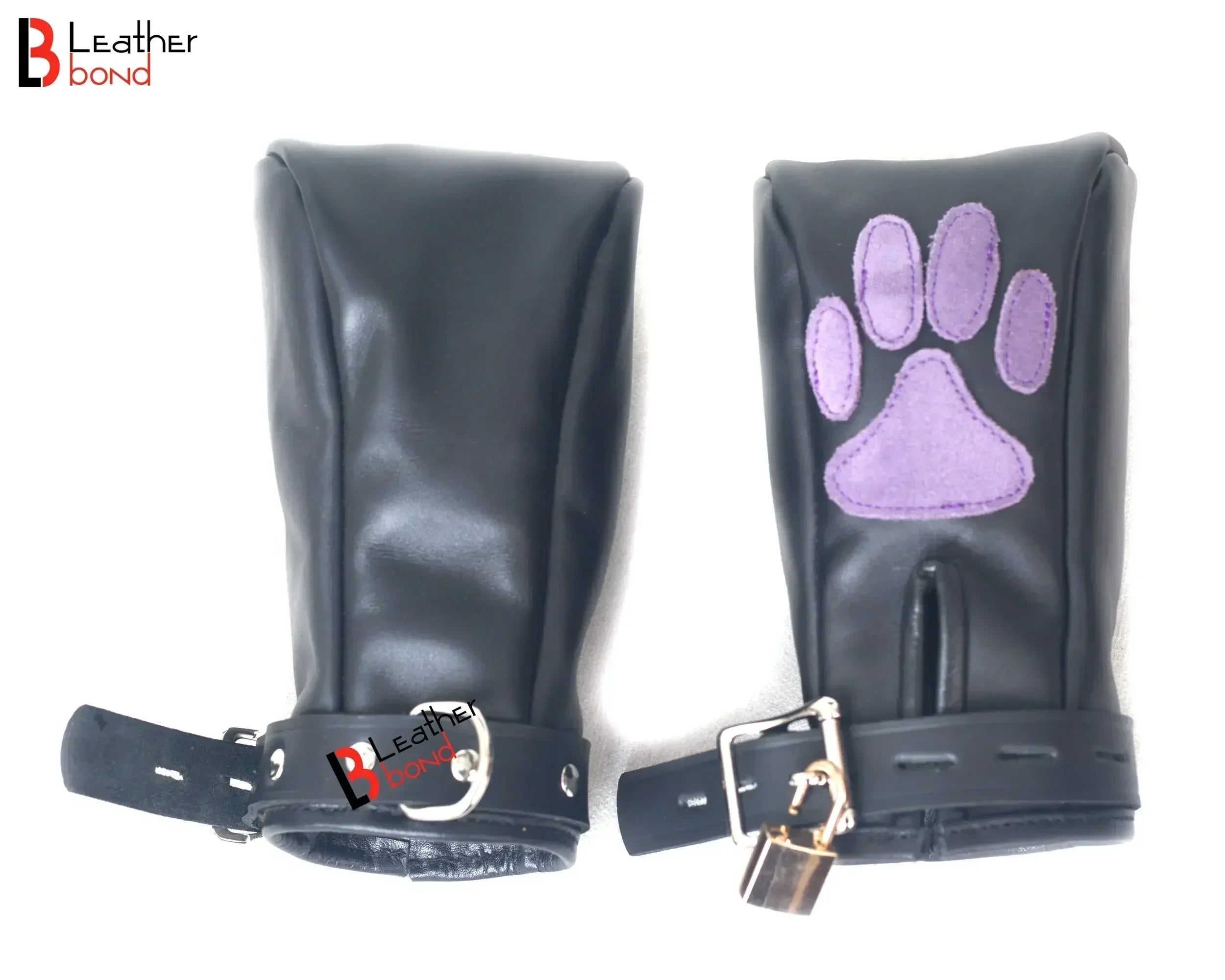 Real Cowhide Leather Fist Mitts Lockable Restraint Bondage Paw Gloves | Black, Red & Purple