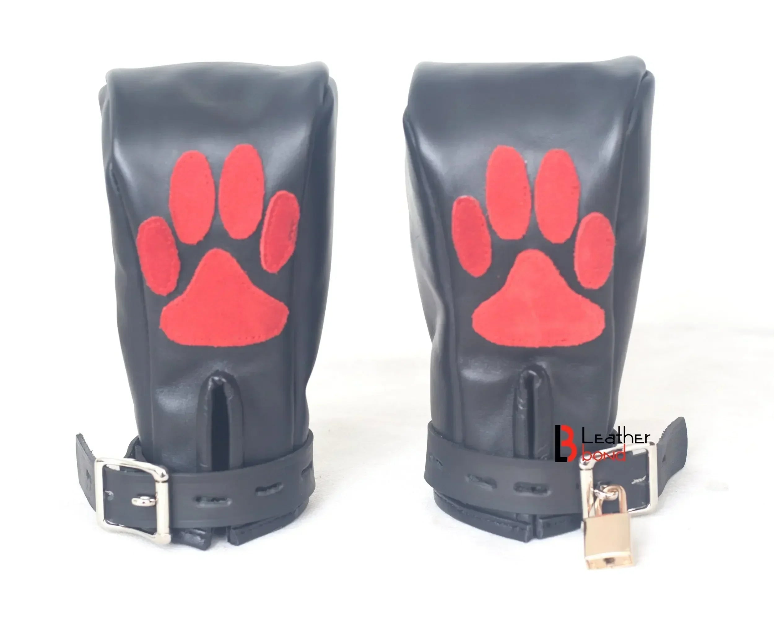 Real Cowhide Leather Fist Mitts Lockable Restraint Bondage Paw Gloves | Black, Red & Purple