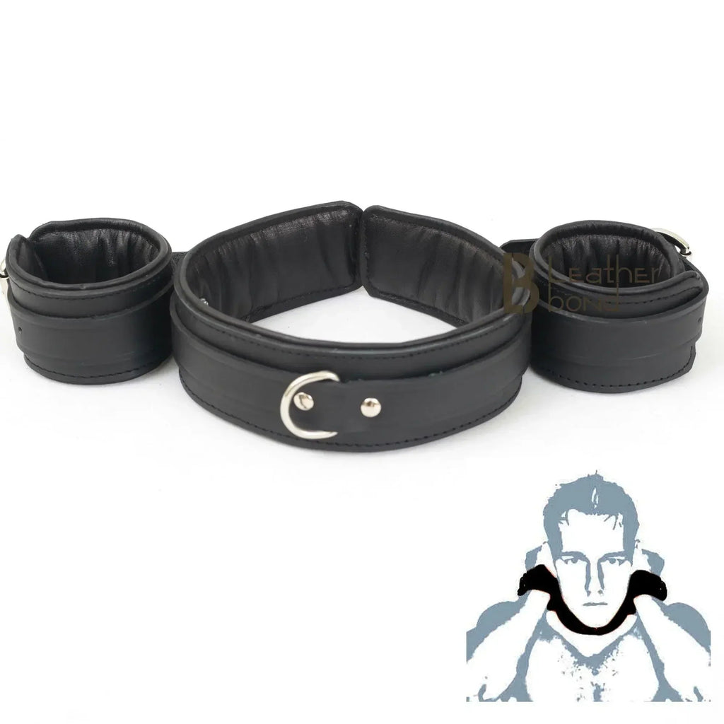 100% Genuine Cowhide Leather Neck Collar & Wrist Cuffs Posture Set Bondage BDSM Restraint