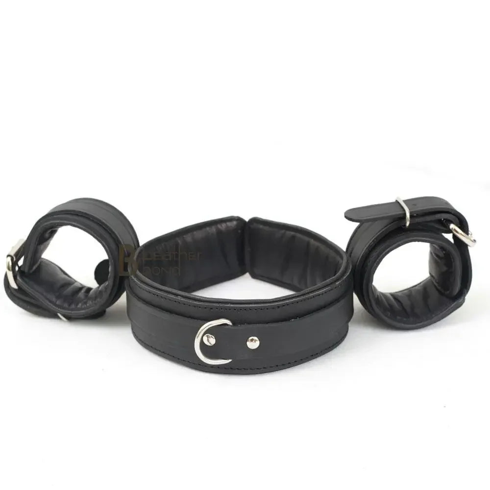 100% Genuine Cowhide Leather Neck Collar & Wrist Cuffs Posture Set Bondage BDSM Restraint