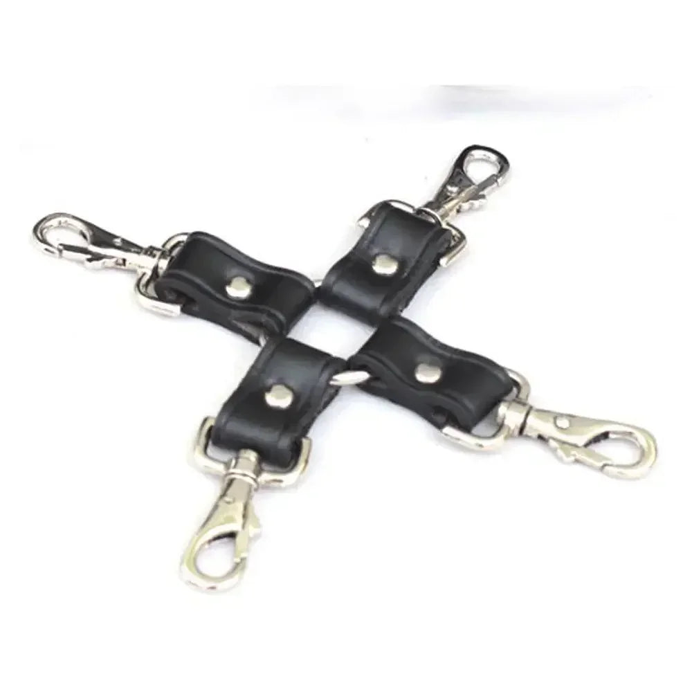 Real Leather Wrist, Ankle & Thigh Cuffs with Collar & Hogtie Complete Restraint Bondage Set | Black