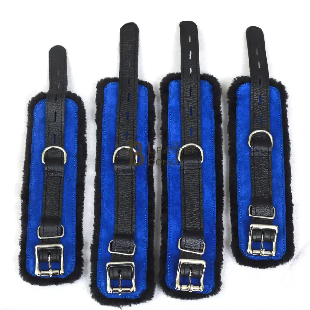 Real Cowhide Suede Leather 5-Piece Ankle Cuffs & Wrist Cuffs Fluffy Fur-Lined Restraint Bondage Set | Blue & Black