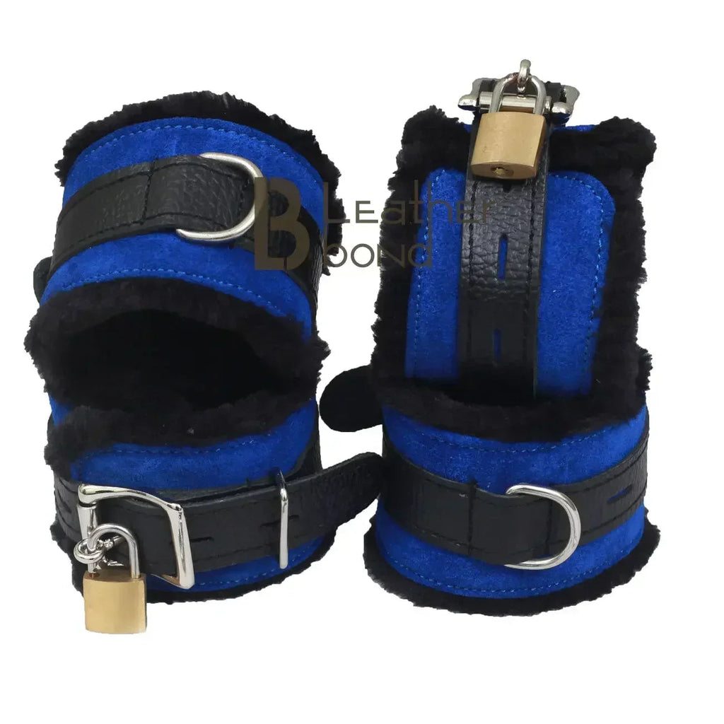Real Cowhide Suede Leather 5-Piece Ankle Cuffs & Wrist Cuffs Fluffy Fur-Lined Restraint Bondage Set | Blue & Black