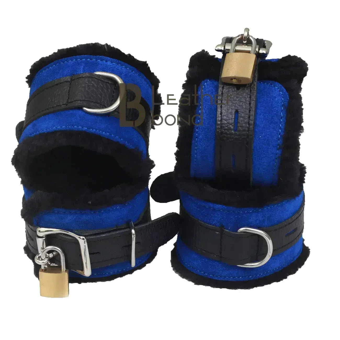 Real Cowhide Suede Leather 5-Piece Ankle Cuffs & Wrist Cuffs Fluffy Fur-Lined Restraint Bondage Set | Blue & Black