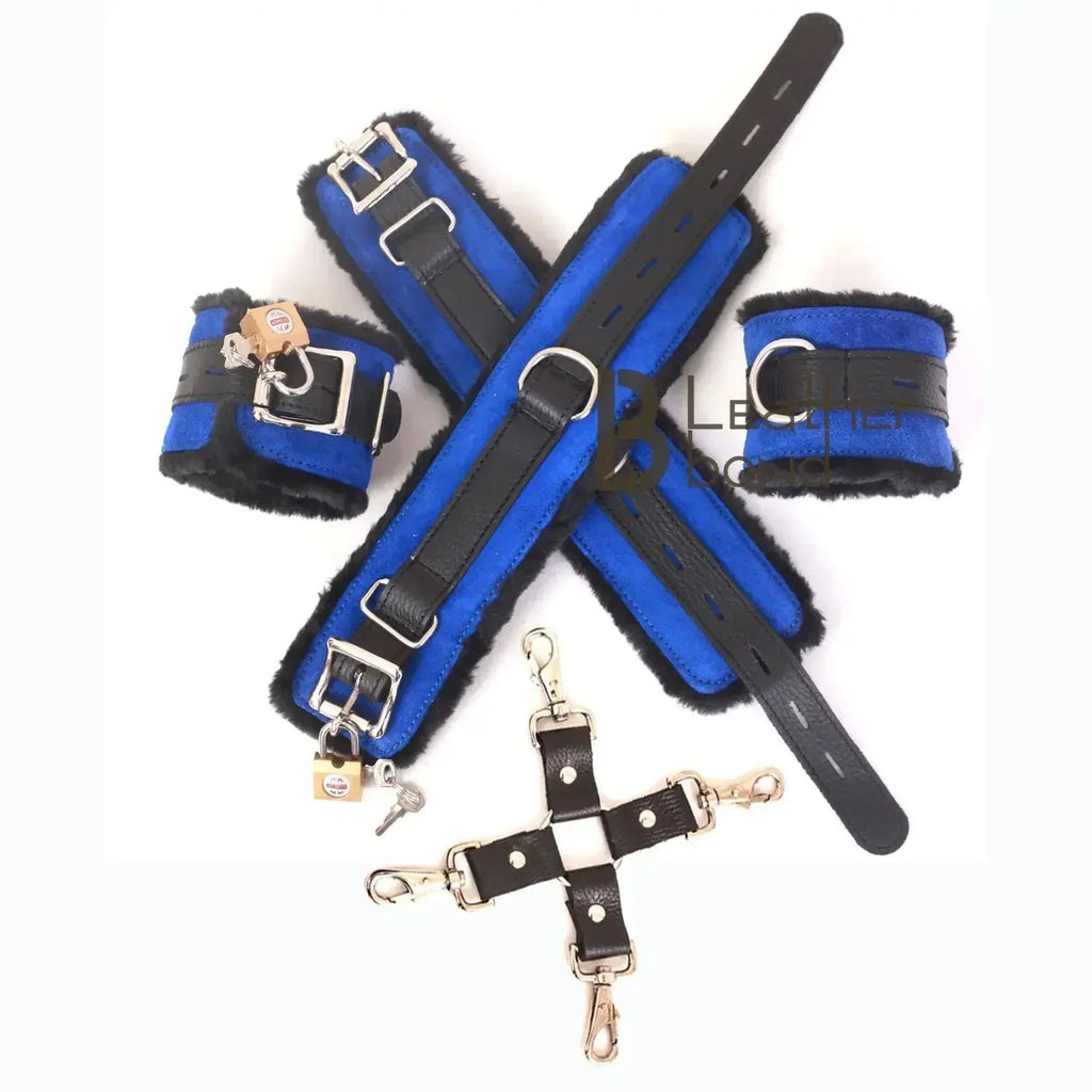 Real Cowhide Suede Leather 5-Piece Ankle Cuffs & Wrist Cuffs Fluffy Fur-Lined Restraint Bondage Set | Blue & Black