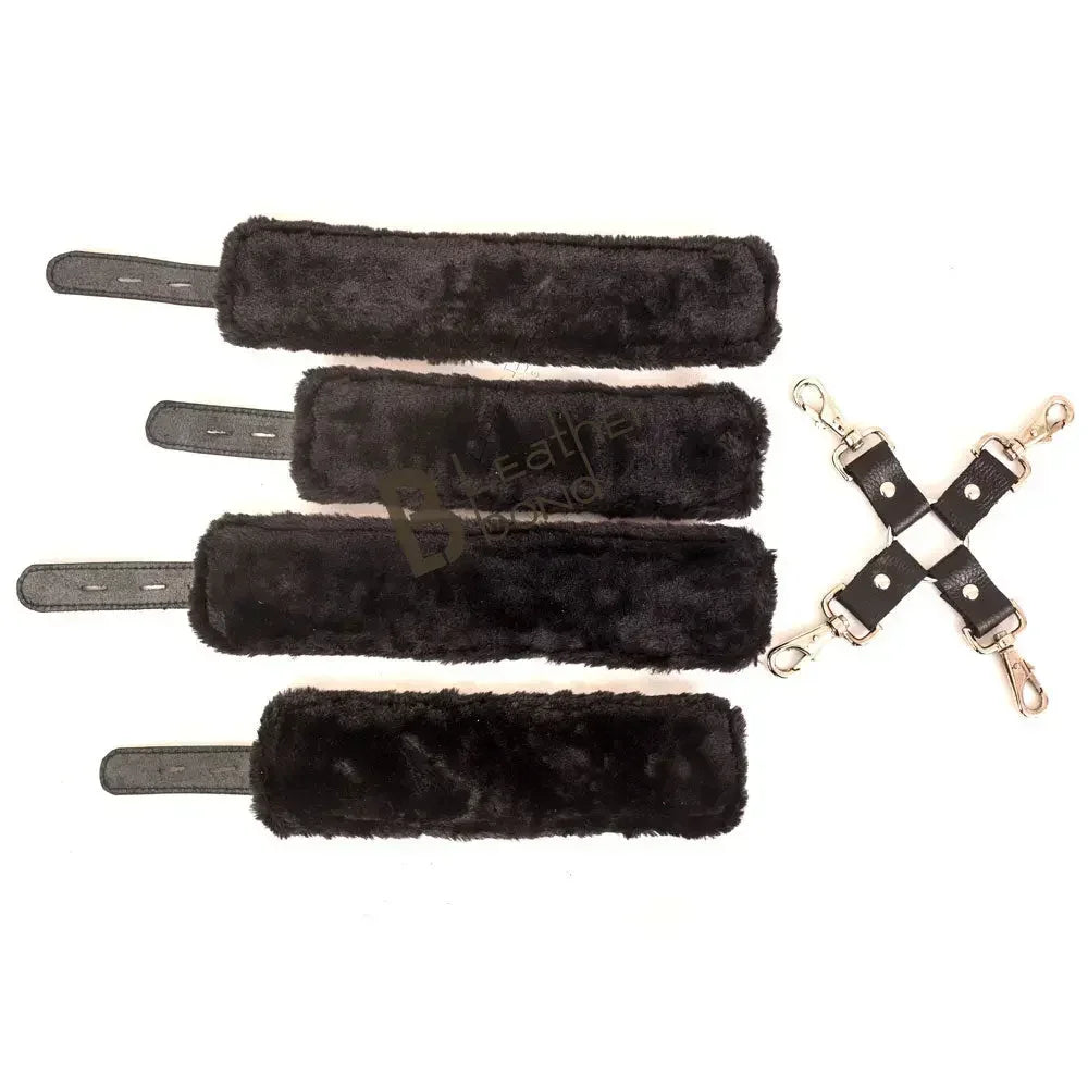 Real Cowhide Suede Leather 5-Piece Ankle Cuffs & Wrist Cuffs Fluffy Fur-Lined Restraint Bondage Set | Blue & Black