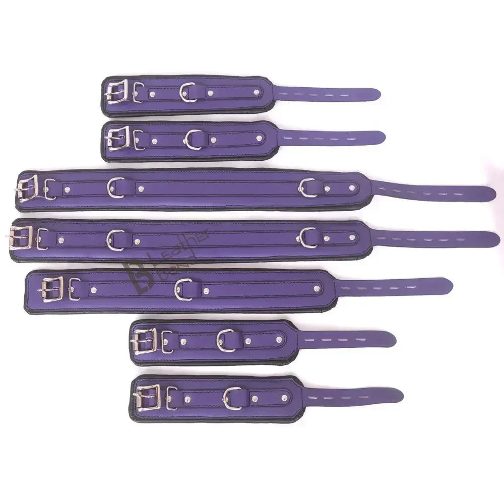 Real Leather 7-Piece Wrist, Ankle & Thigh Cuffs with Collar Complete Restraint Bondage Set | Purple & Black