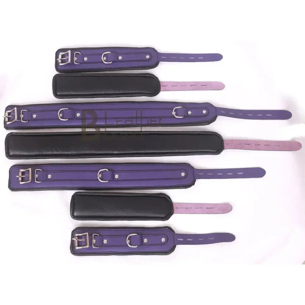 Real Leather 7-Piece Wrist, Ankle & Thigh Cuffs with Collar Complete Restraint Bondage Set | Purple & Black