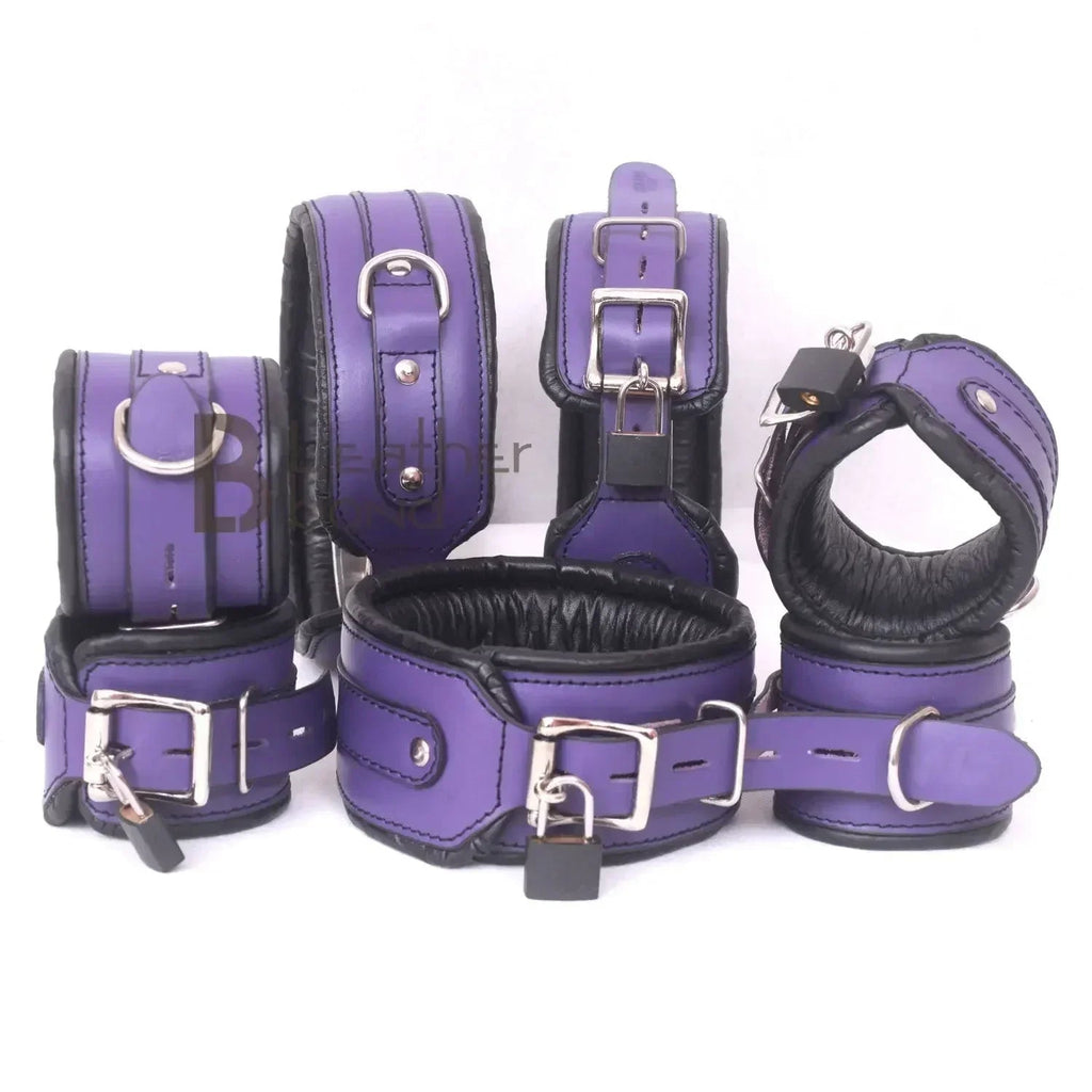 Real Leather 7-Piece Wrist, Ankle & Thigh Cuffs with Collar Complete Restraint Bondage Set | Purple & Black