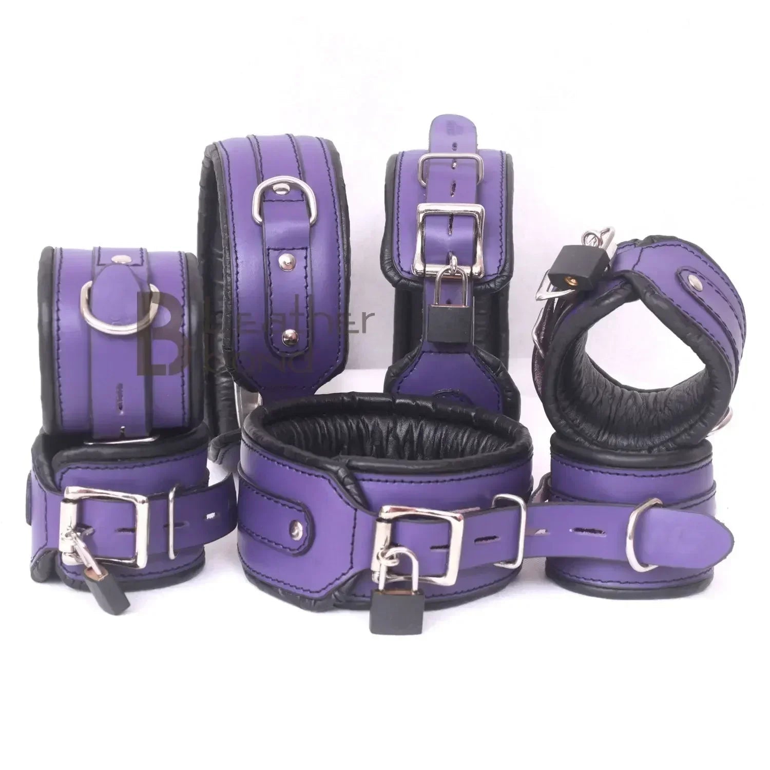Real Leather 7-Piece Wrist, Ankle & Thigh Cuffs with Collar Complete Restraint Bondage Set | Purple & Black