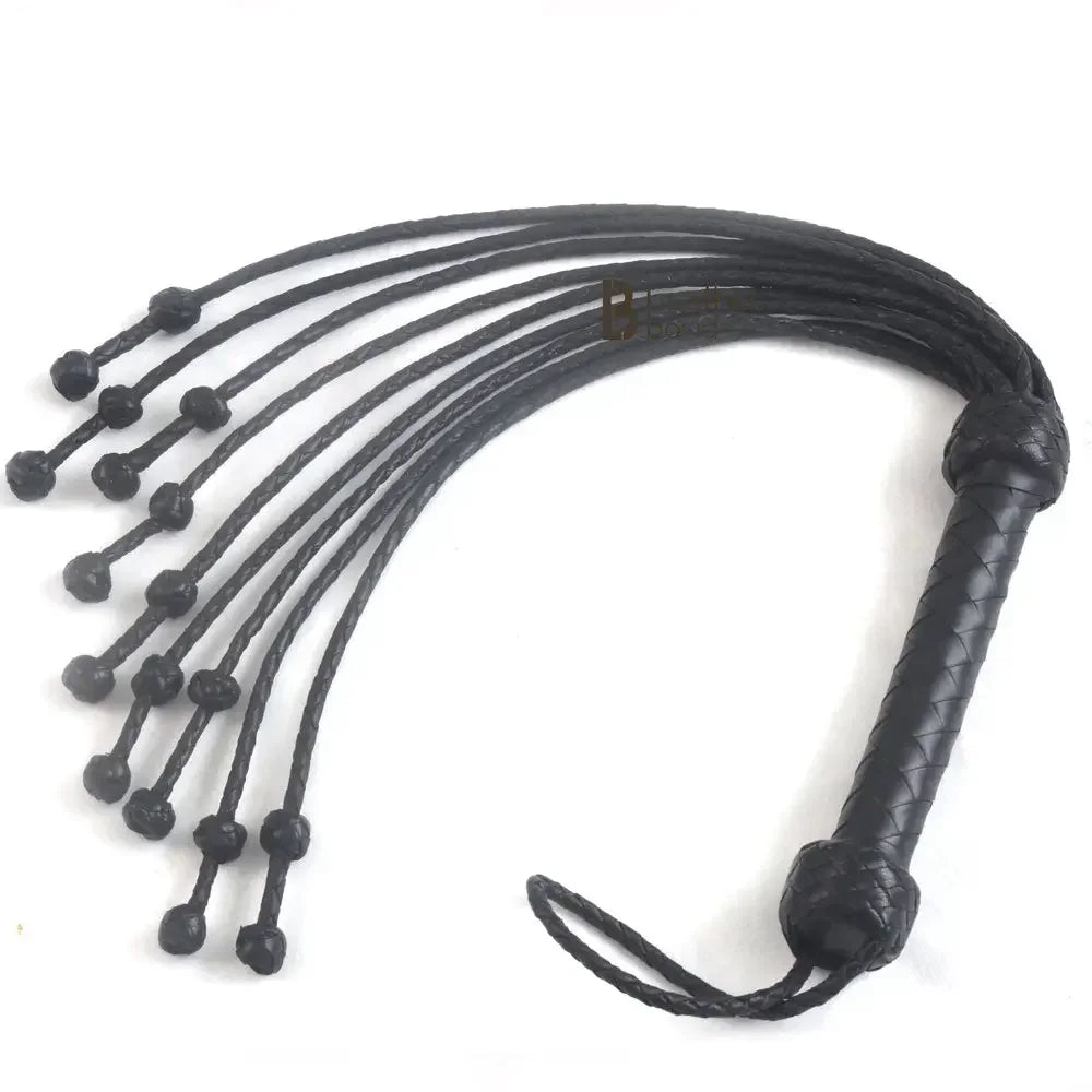 Real Cowhide Leather Cat-o-Nine Tails Flogger 9 Braided Knotted Falls | Black Heavy Duty BDSM Whip