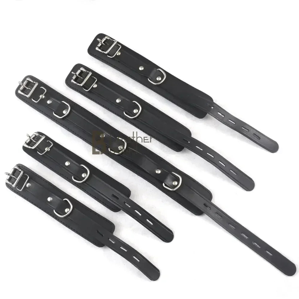 Real Leather 7-Piece Padded Wrist Cuffs, Ankle Cuffs & Neck Collar Heavy Duty Restraint Bondage Set | Black