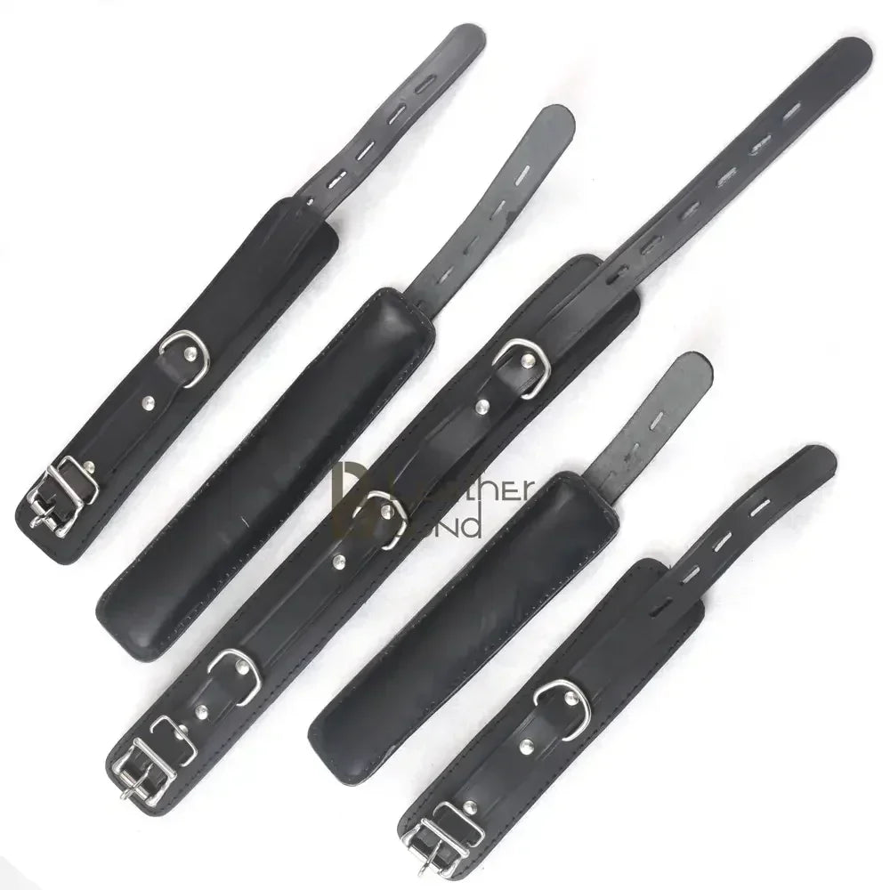 Real Leather 7-Piece Padded Wrist Cuffs, Ankle Cuffs & Neck Collar Heavy Duty Restraint Bondage Set | Black