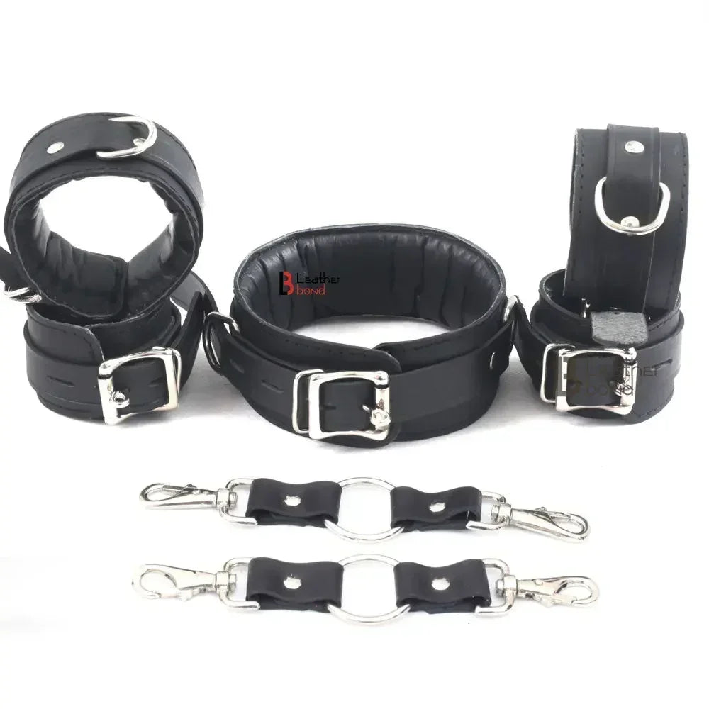 Real Leather 7-Piece Padded Wrist Cuffs, Ankle Cuffs & Neck Collar Heavy Duty Restraint Bondage Set | Black