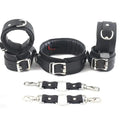 Real Leather 7-Piece Padded Wrist Cuffs, Ankle Cuffs & Neck Collar Heavy Duty Restraint Bondage Set | Black