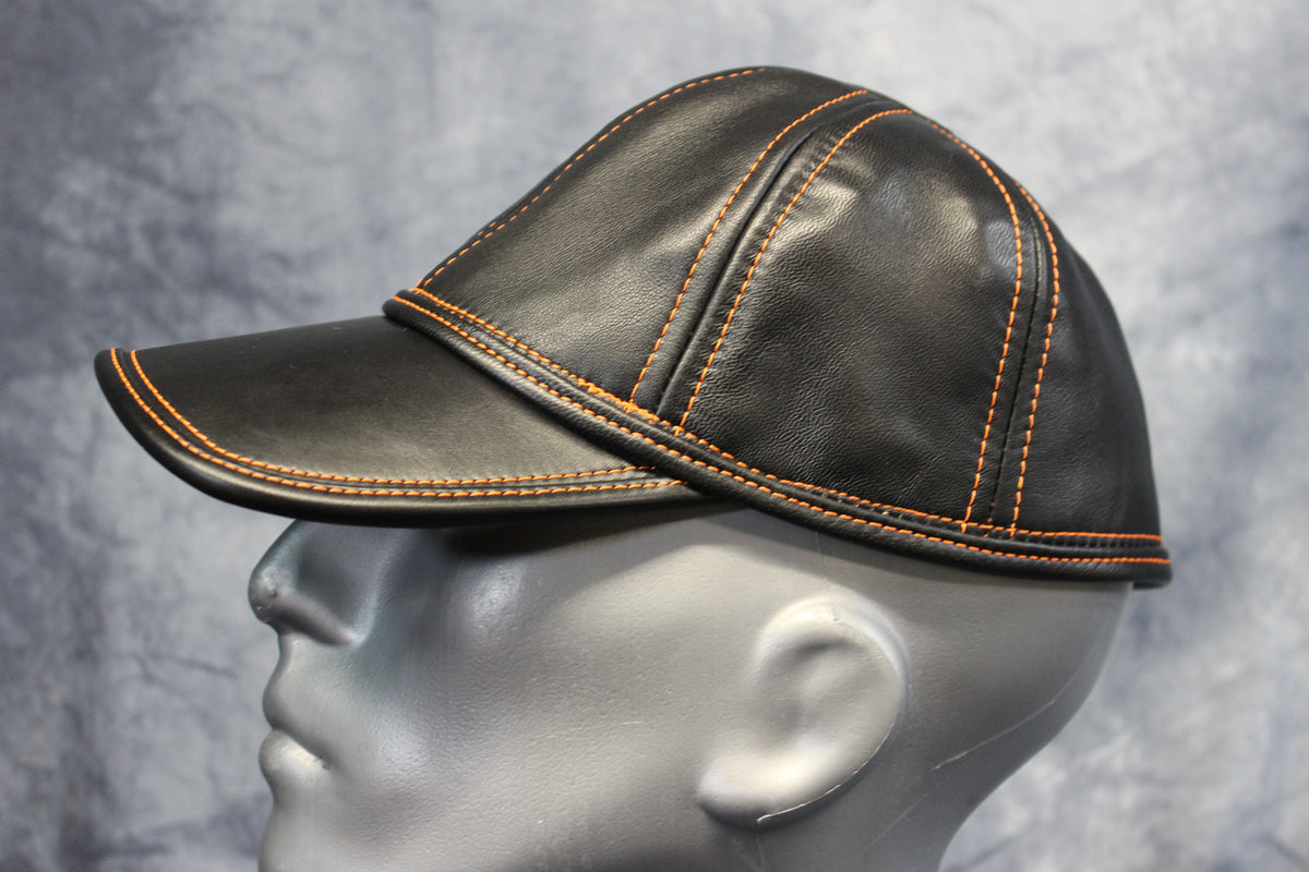 Leather Baseball Cap with Orange Stitching