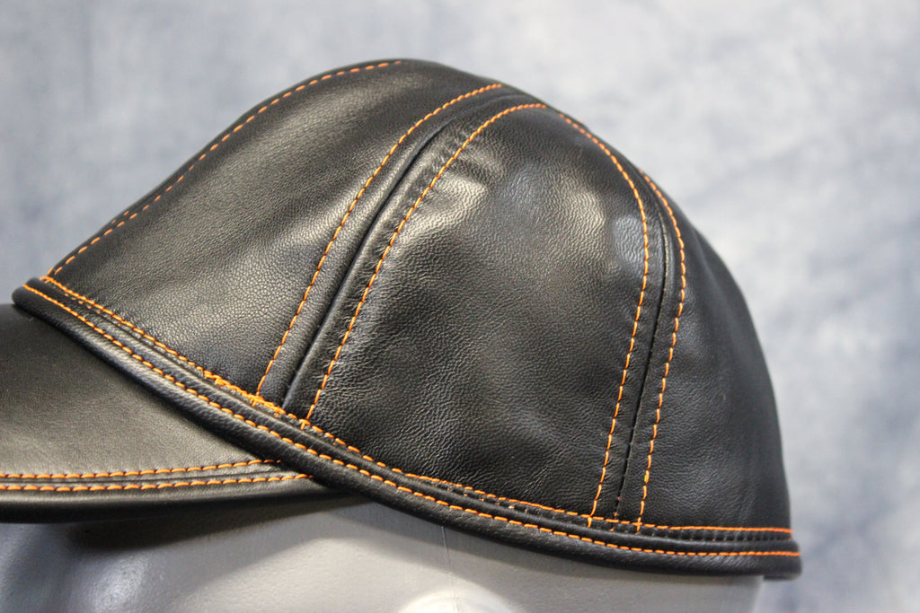 Leather Baseball Cap with Orange Stitching