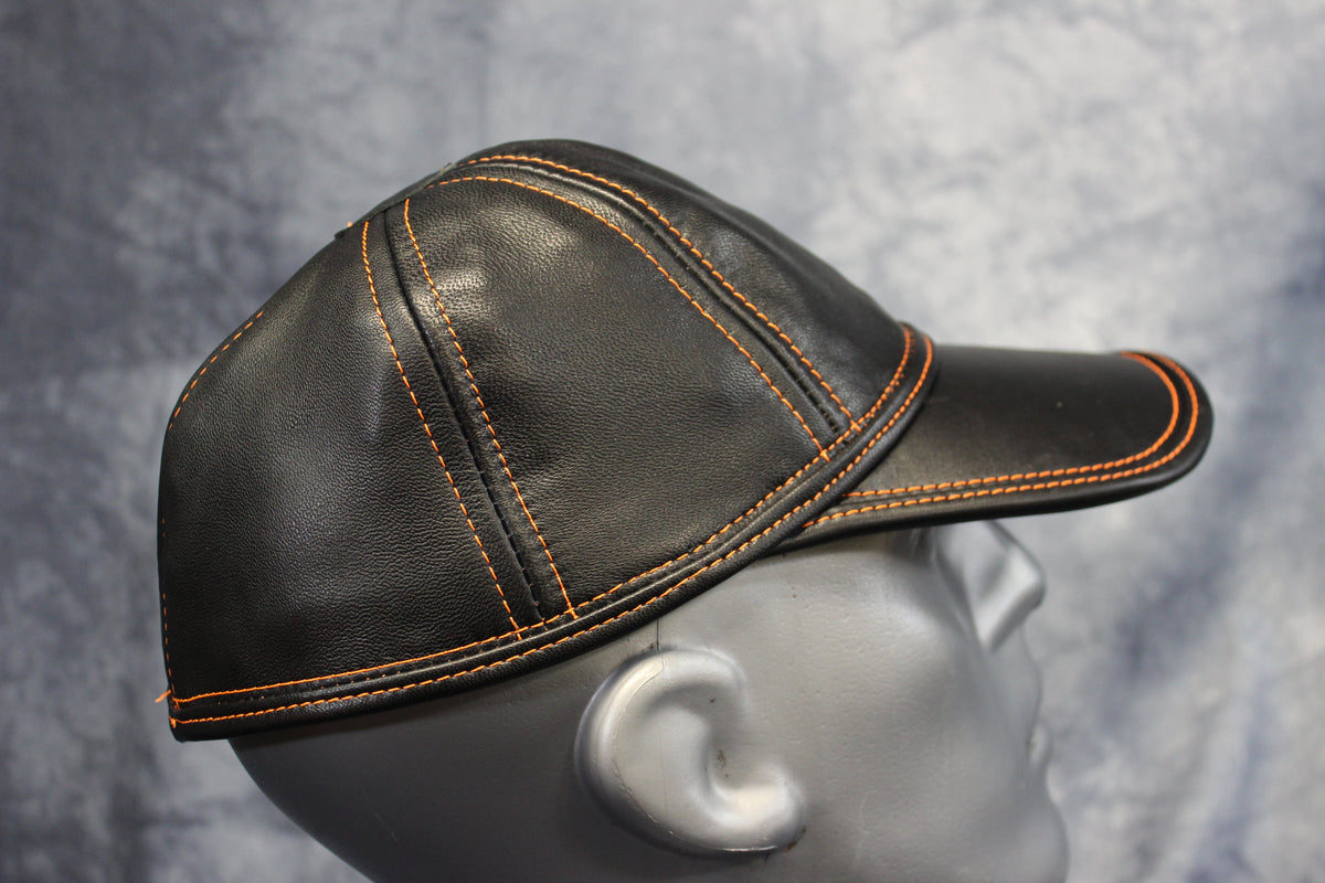 Leather Baseball Cap with Orange Stitching