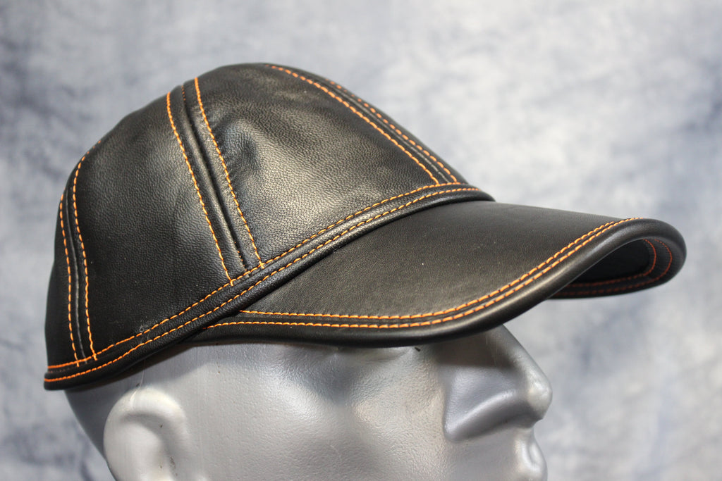 Leather Baseball Cap with Orange Stitching