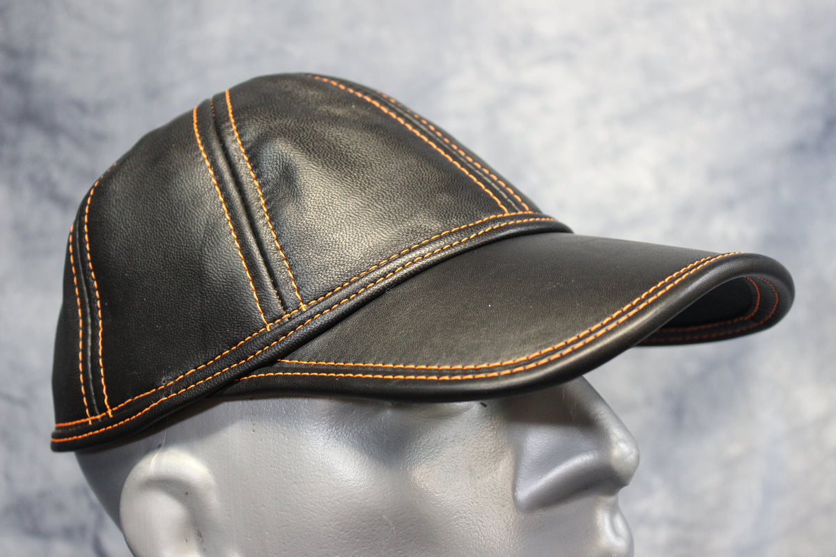 Leather Baseball Cap with Orange Stitching