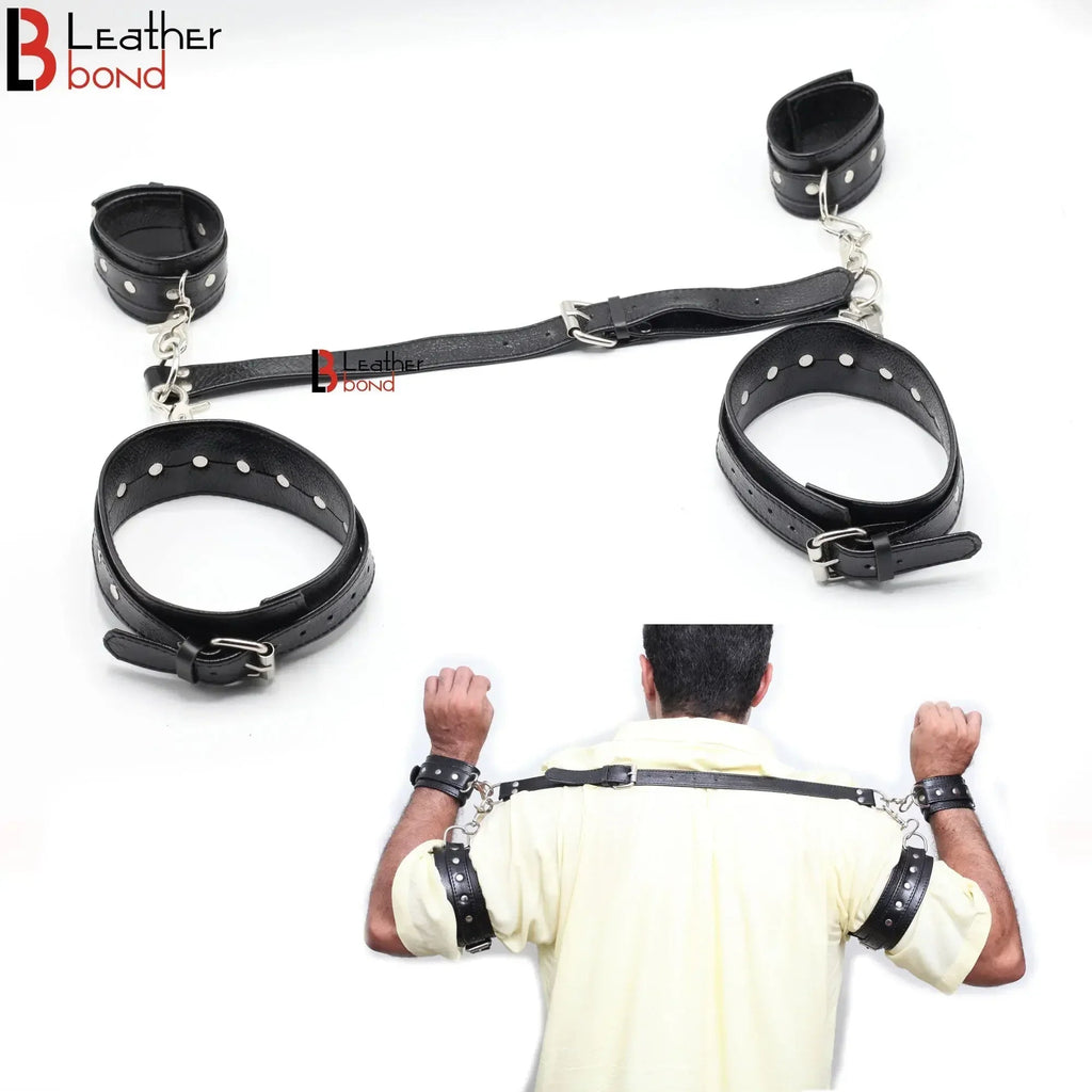 Genuine Cowhide Leather Wrist & Bicep Cuffs Adjustable Back Slave Restraint Set | BDSM Gear