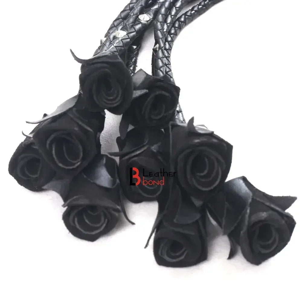 Real Cowhide Leather Cat-o-Nine Rose Flogger 9 Braided Black Rose Falls with Steel Studs | BDSM Whip