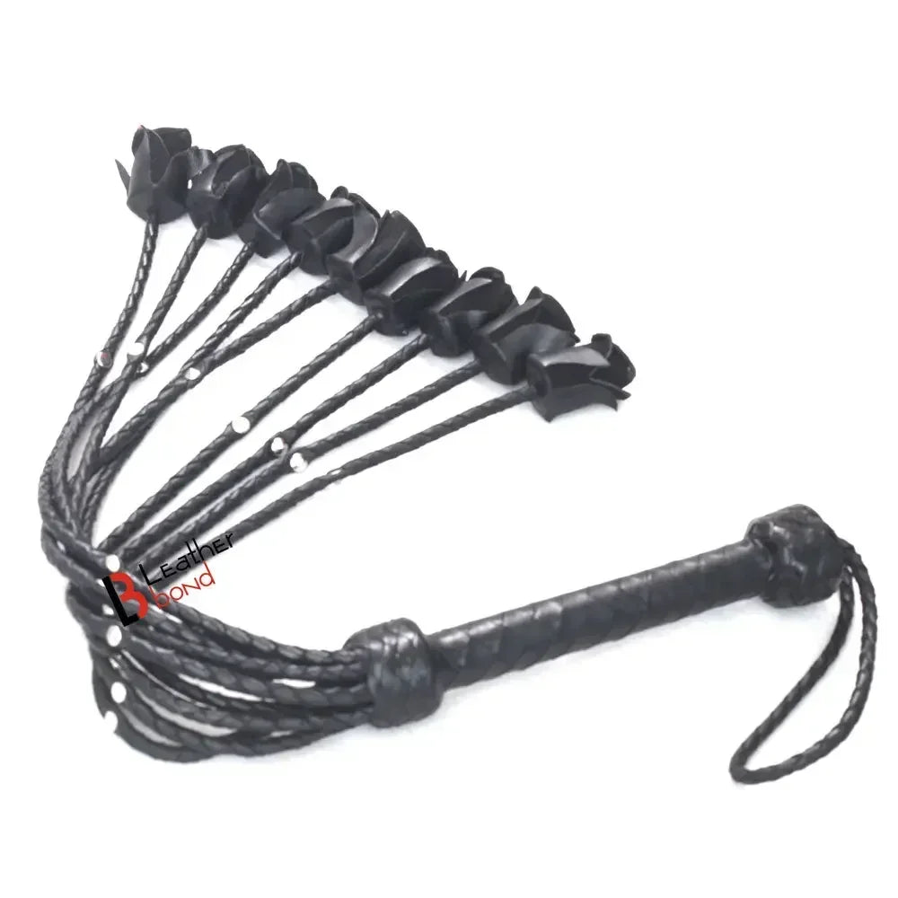 Real Cowhide Leather Cat-o-Nine Rose Flogger 9 Braided Black Rose Falls with Steel Studs | BDSM Whip