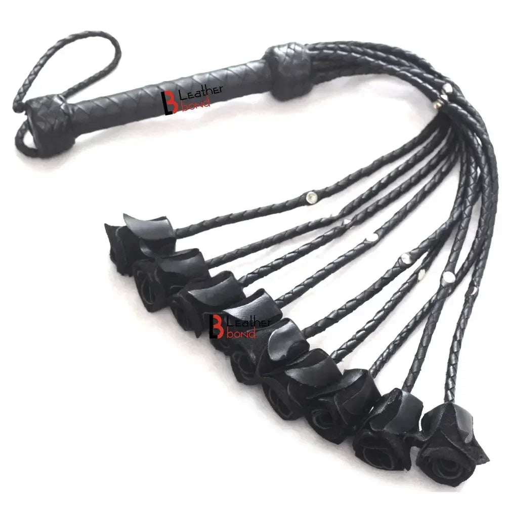 Real Cowhide Leather Cat-o-Nine Rose Flogger 9 Braided Black Rose Falls with Steel Studs | BDSM Whip