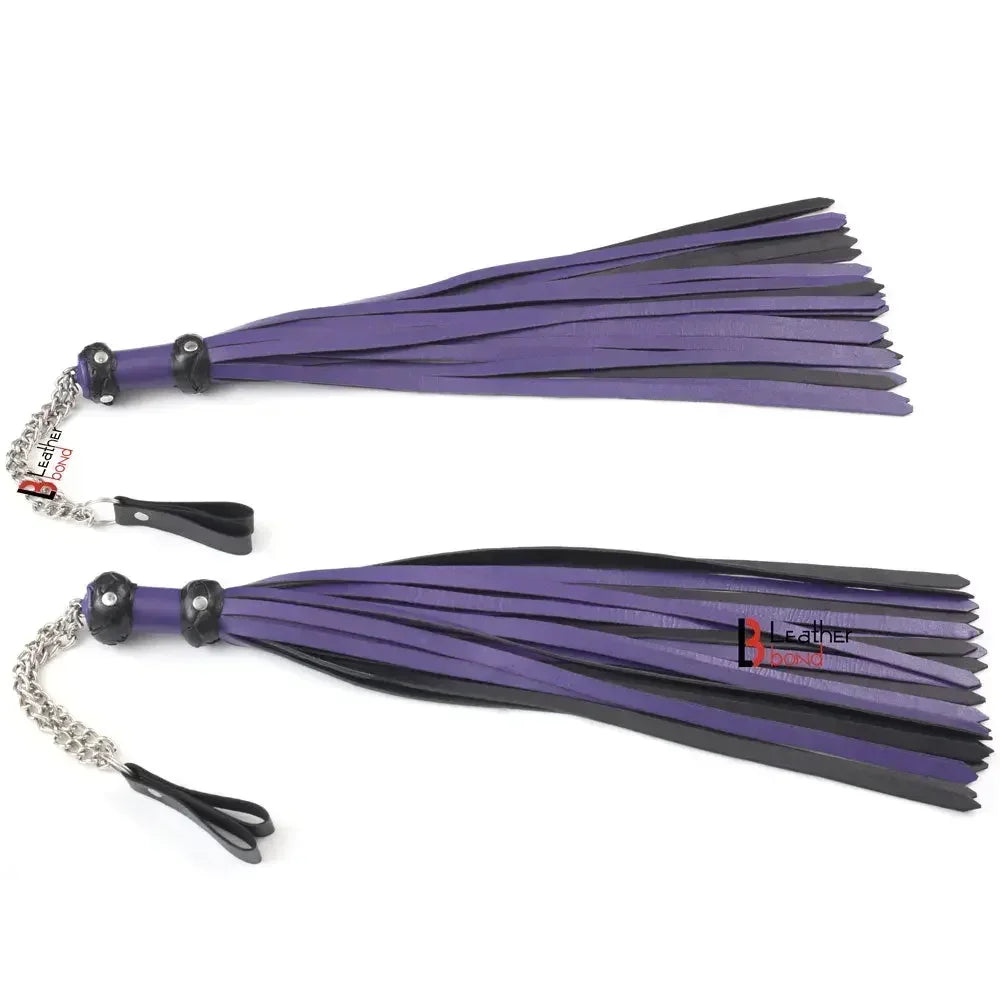 Real Genuine Cowhide Leather Finger Loop Flogger 25 Falls Purple Black Heavy Duty Thuddy Flog whip