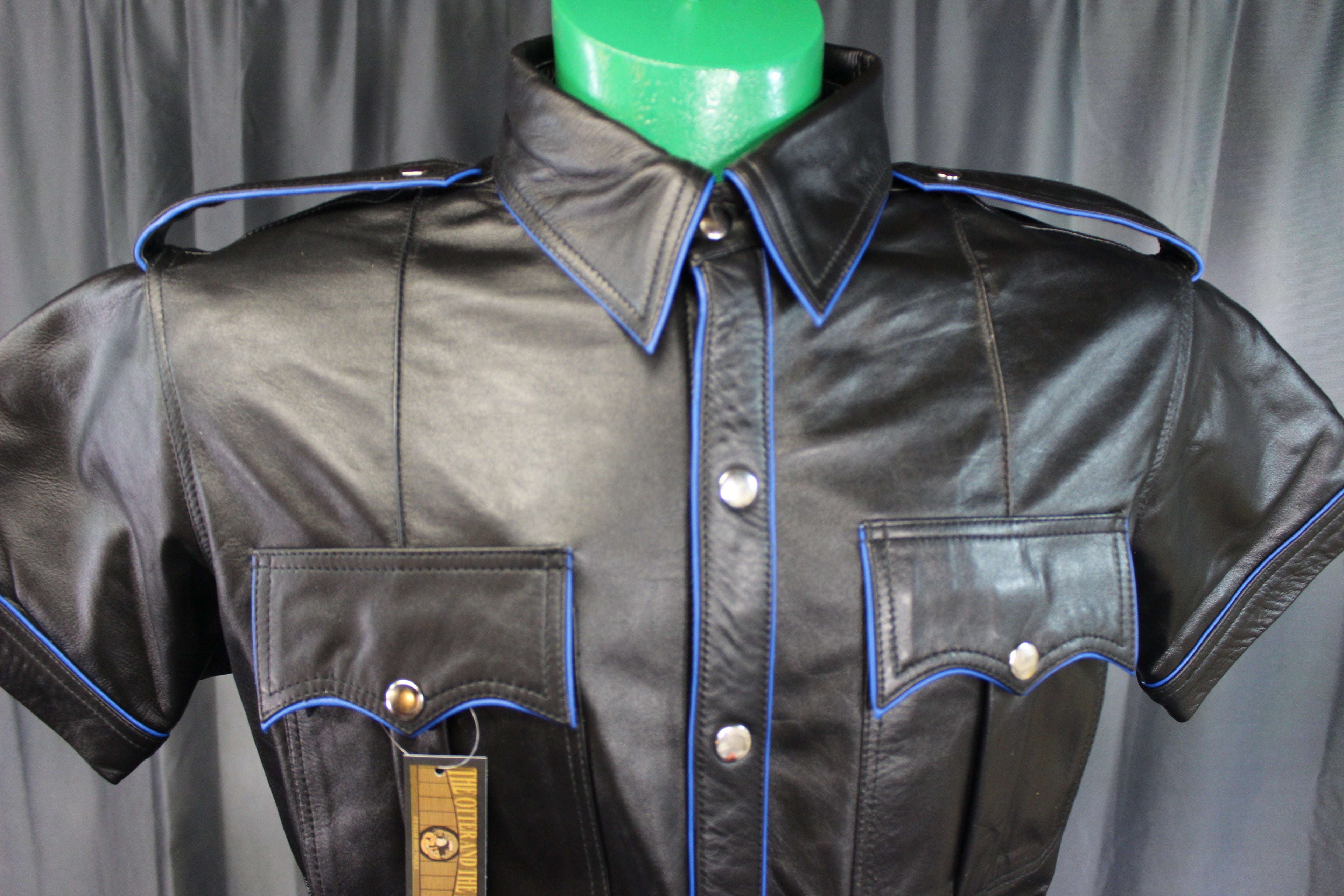 OnF Leather Shirts in Black with Blue Piping