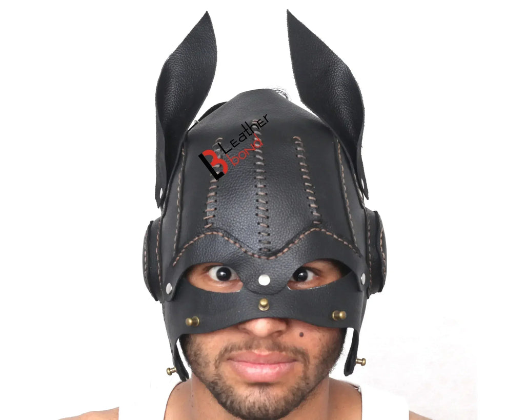 Cowhide Leather Puppy Dog Sensory Deprivation Hood Pet Play Mask & Reenactment Costume Gear