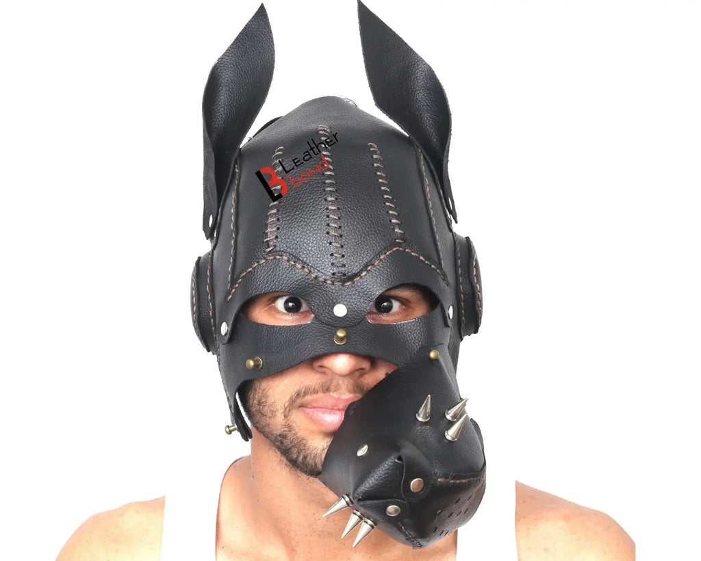 Cowhide Leather Puppy Dog Sensory Deprivation Hood Pet Play Mask & Reenactment Costume Gear