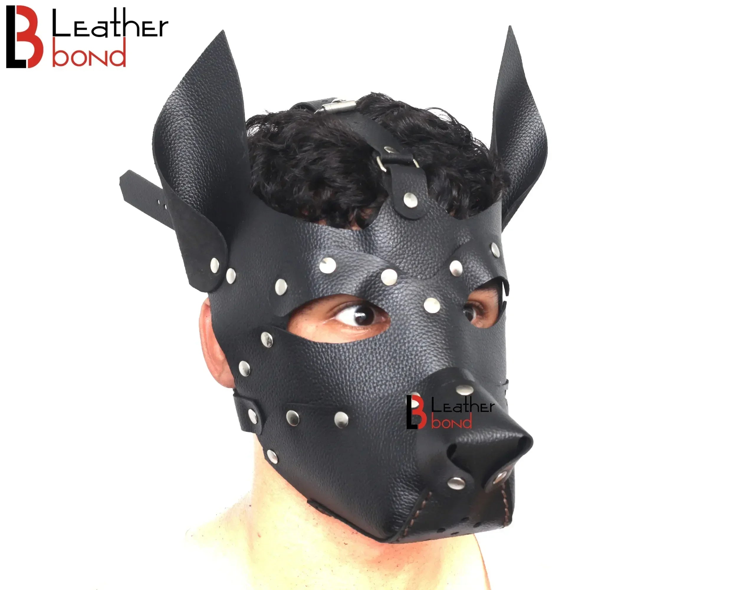 Genuine Cowhide Leather Puppy Dog Mask Hood Halloween Mask, Sensory Deprivation Hood & Pet Play Gear