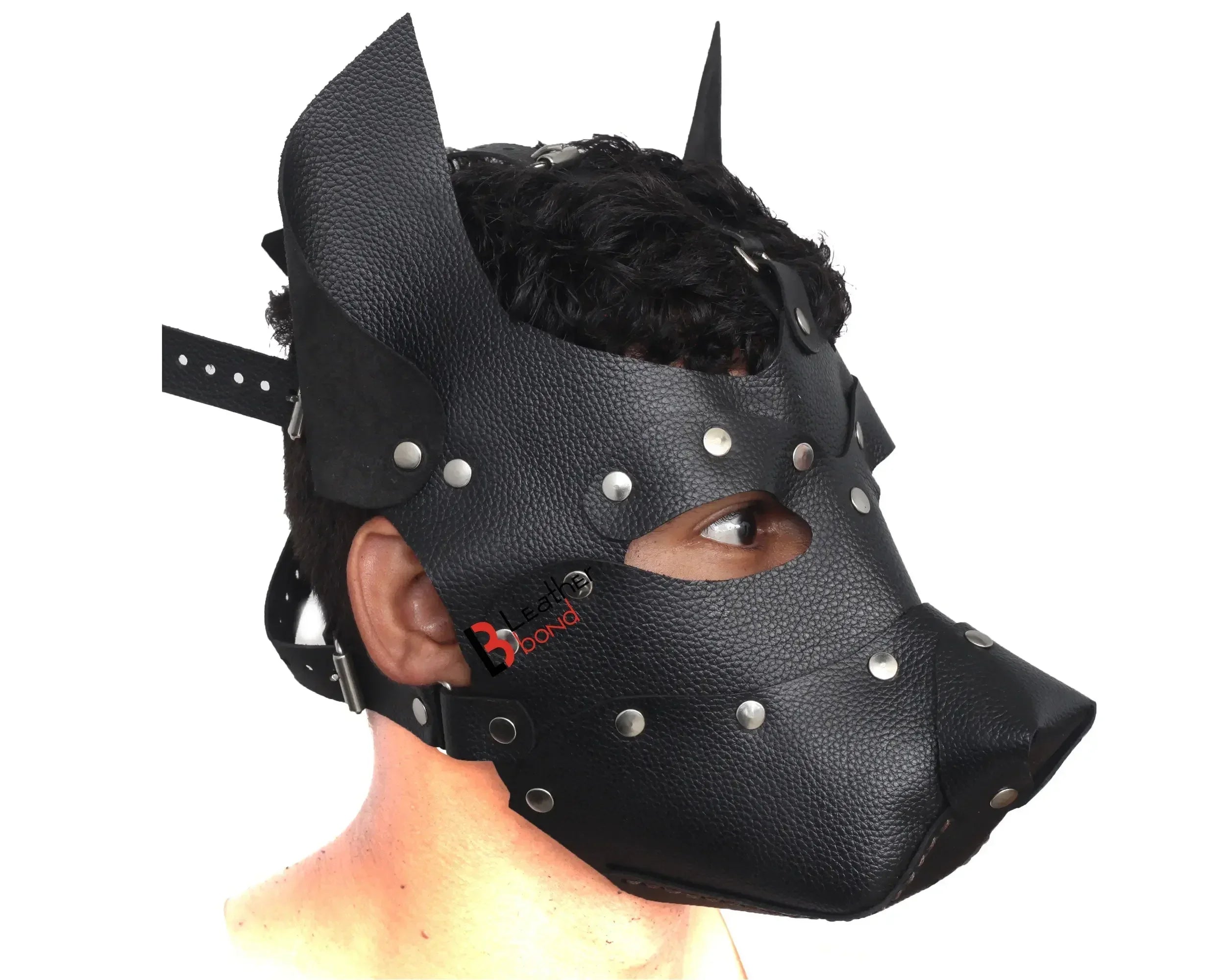 Genuine Cowhide Leather Puppy Dog Mask Hood Halloween Mask, Sensory Deprivation Hood & Pet Play Gear