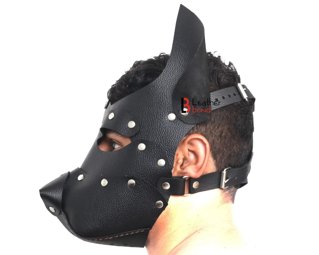 Genuine Cowhide Leather Puppy Dog Mask Hood Halloween Mask, Sensory Deprivation Hood & Pet Play Gear