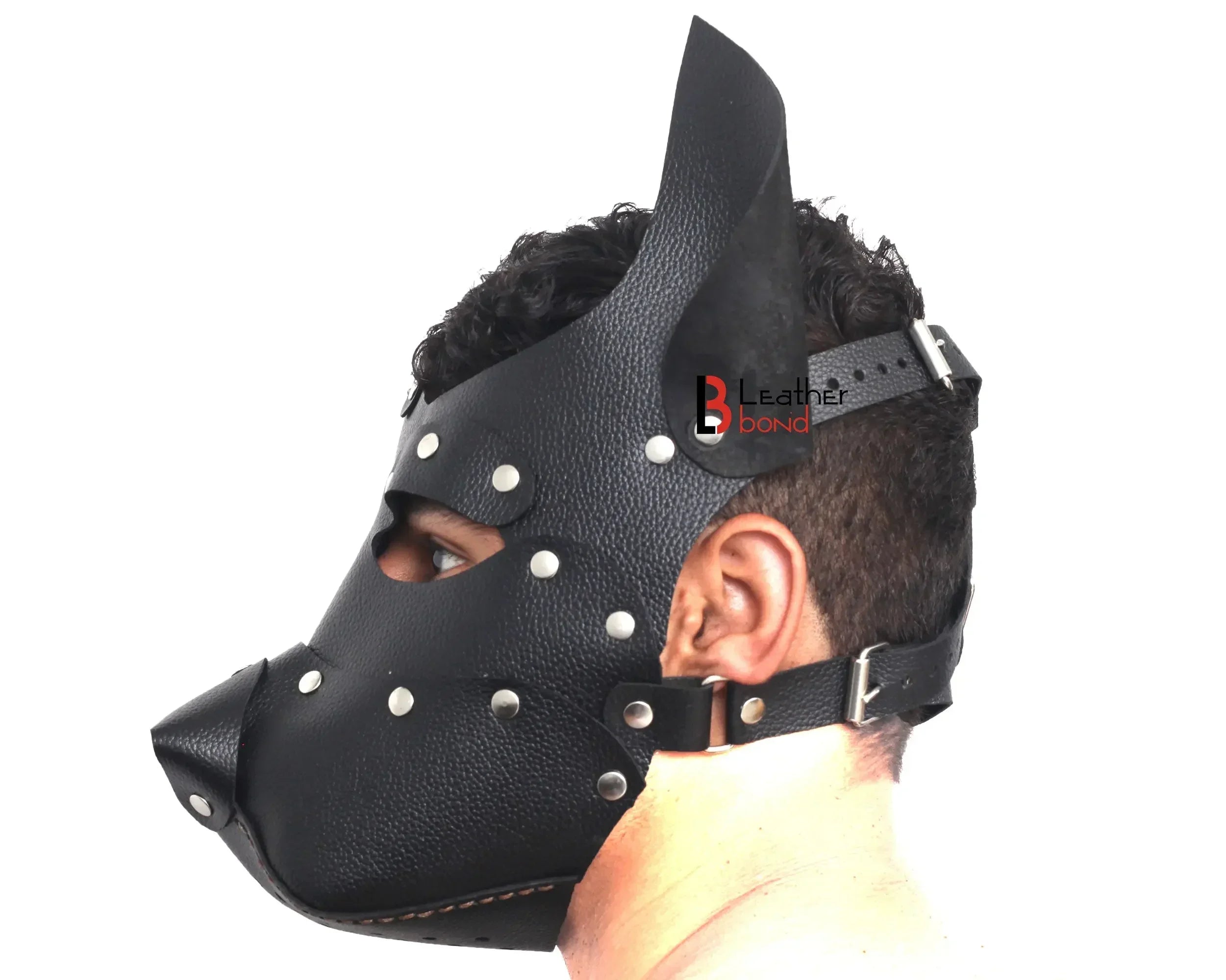 Genuine Cowhide Leather Puppy Dog Mask Hood Halloween Mask, Sensory Deprivation Hood & Pet Play Gear