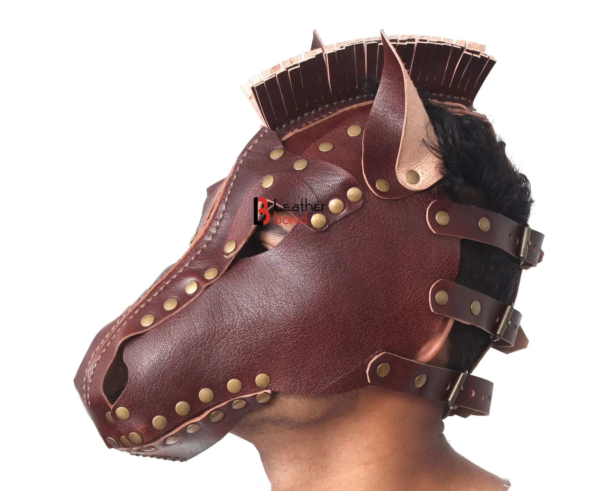 Genuine Cowhide Leather Horse Mask Hood Halloween Mask, BDSM Sensory Deprivation Hood & Reenactment Gear