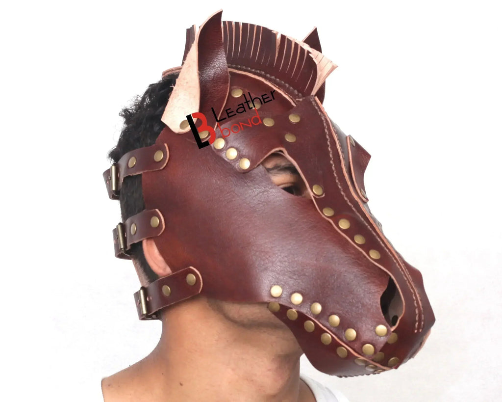 Genuine Cowhide Leather Horse Mask Hood Halloween Mask, BDSM Sensory Deprivation Hood & Reenactment Gear